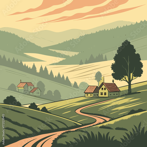 Vector art of idyllic rural landscape with houses, rolling hills, and a winding road