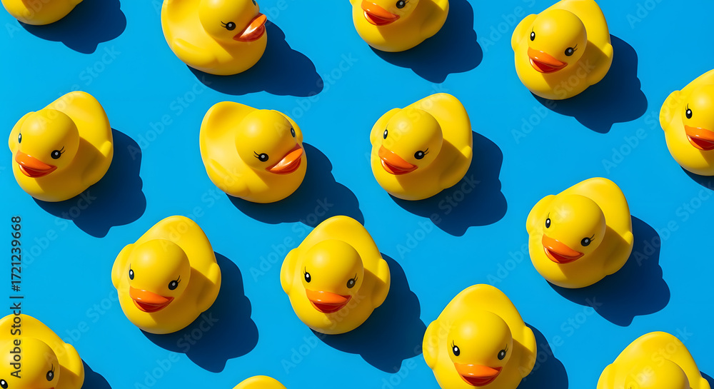 Yellow rubber duck toys pattern on seamless blue background.