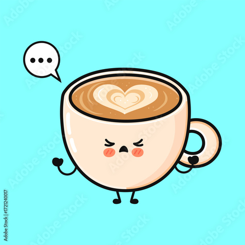 Unhappy coffee cup mascot character expressing dissatisfaction