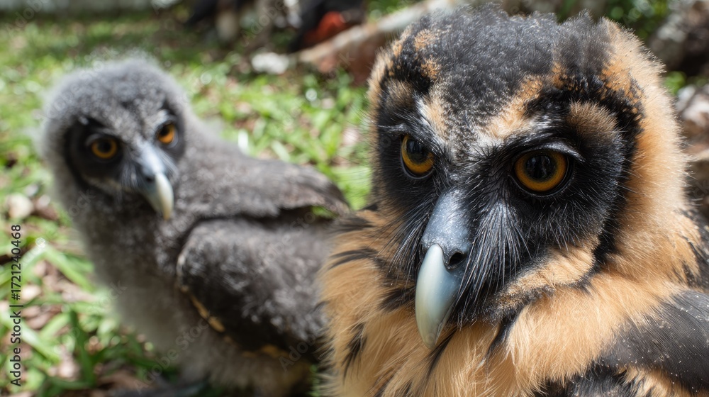 Naklejka premium Close-up of two young owls.