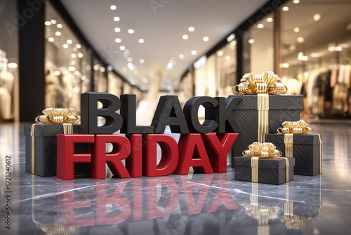 Black Friday banner. Mall indoors shopping center with letters that says “Black Friday” in three-dimensional 3D and gifts wrapped in black paper.
