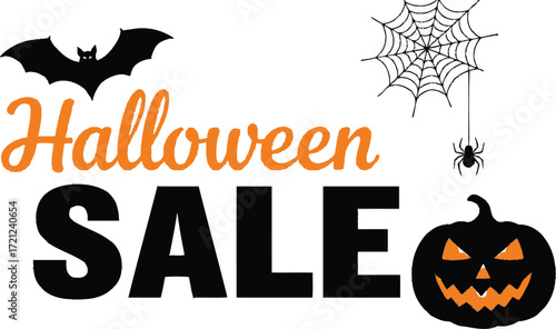 Spooky Halloween Sale with festive pumpkin, bat, and spiderweb