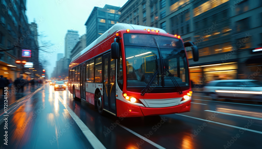 Obraz premium Red bus in motion on wet street during rainy evening rush hour. City traffic, urban transportation, blurred lights. Public transport travel in storm weather. Scene of commuter journey.
