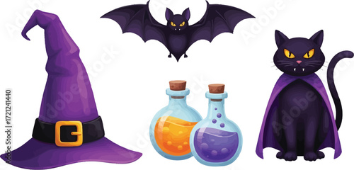 Spooky Halloween elements including a witch hat, bat, potions, and a black cat