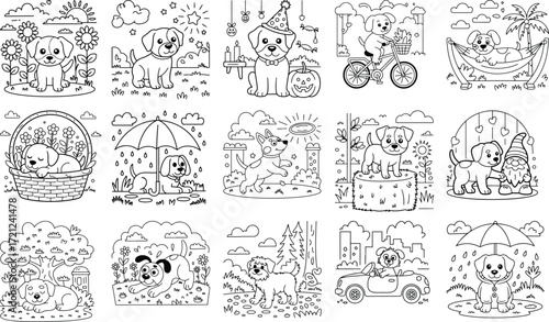 Adorable cartoon puppies engaged in playful activities and everyday scenes with vibrant colors isolated on white background