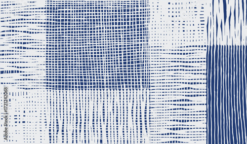 Hand drawn brush lines abstract woven texture pattern in white and blue, Japanese and ethnic wood carving, block print background, simple graphic for textile, decoration