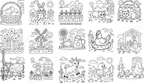 Charming cartoon farm animals and rustic scenes for coloring pages a whimsical collection isolated on white background