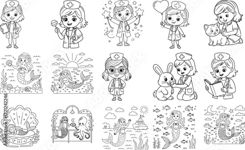 Charming whimsical childrens illustration featuring a nurse and mermaid engaged in playful medical activities isolated on white background