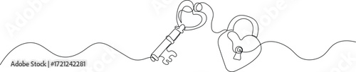 Continuous Line Art of Heart Lock and Key. Minimalist Symbol of Love, Trust, and Relationship Bonds
