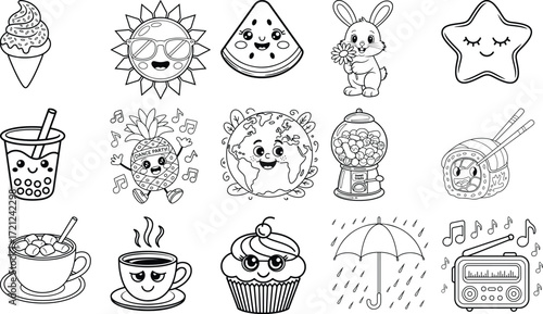 A whimsical collection of black and white cartoon food animals and objects for coloring pages isolated on white background