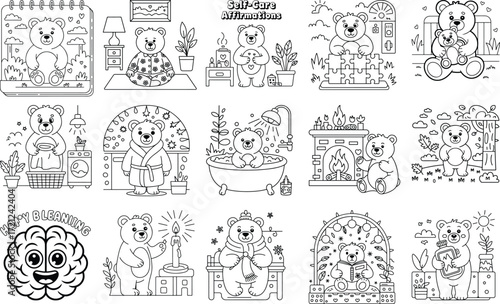 Adorable cartoon teddy bear illustration enjoying self care activities and relaxation moments isolated on white background