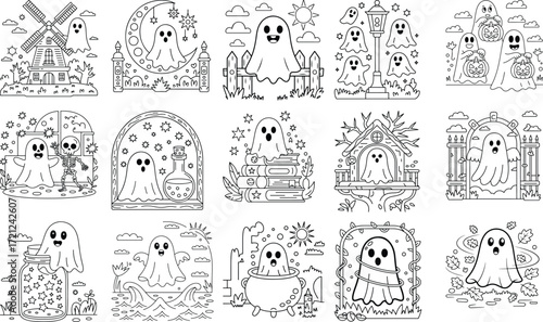 Whimsical halloween coloring pages featuring ghosts skeletons spooky scenes pumpkin and moon isolated on white background