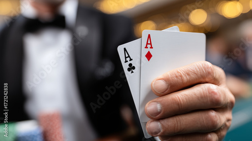 Man in a tuxedo confidently holding a pair of aces in a poker game.