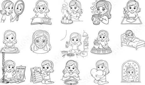 Collection of diverse cartoon girls engaged in relaxing leisure activities and personal self care routines drawing painting isolated on white background