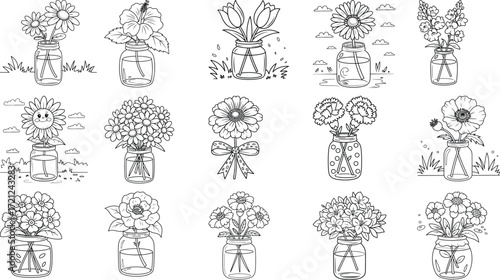 An assortment of beautiful flowers arranged in various glass jars and vases suitable for coloring and decorative purposes isolated on white background