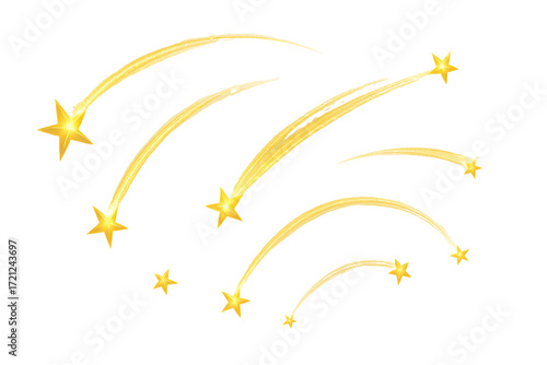 Golden shooting stars with glowing trails in night sky, celestial falling starburst light elements decorative clipart isolated on white background