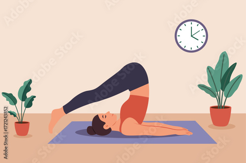 Vector illustration of a woman practicing yoga plow pose on mat at home with plants and wall clock, fitness and wellness concept