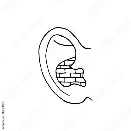 close up of a human ear with a brick wall inside. Concept of being deaf or ignoring. Hand drawn line art drawing