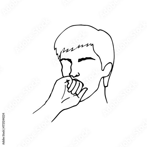 Faceless portrait of a man biting his fist - Hand drawn line art drawing. Concept excitement, cute aggression, nervousness, self-harm
