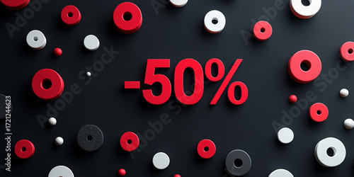 Red And White 3D Circles With 50% Discount On Black Background