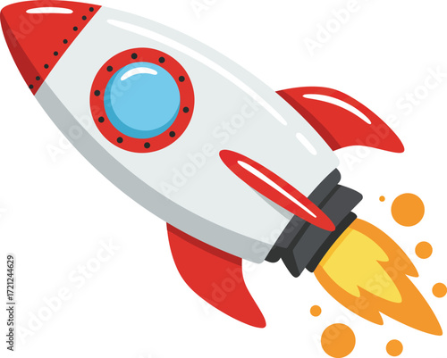 Retro rocket ship launching into space with fiery exhaust and orange orbiting orbs emblematic of exploration and discovery isolated on transparent background