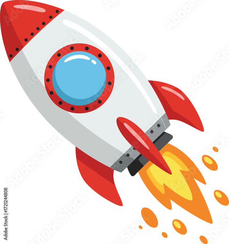 Energetic rocket launching into space with fiery exhaust symbolizing innovation speed growth and exploration isolated on transparent background