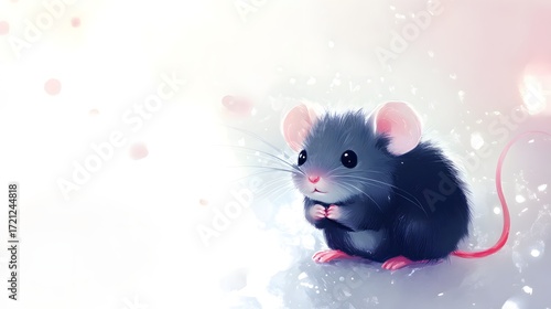 Digital illustration of a cute, black rat with pink paws, set against a soft, white background.