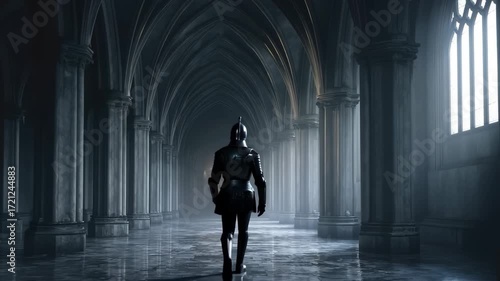 Mysterious corridor showcasing the intricate details of gothic architecture illuminated by dim light in an ancient setting