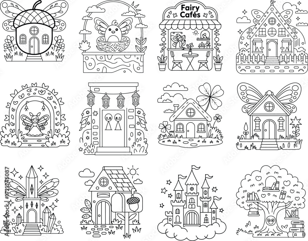 Obraz premium Enchanting fairy tale scenes and magical buildings for coloring fairies cartoon isolated on white background
