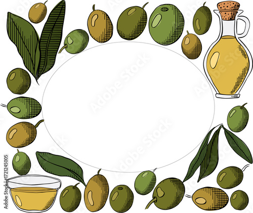 Olive oil, green berry and leaves Oval rectangle frame template. Vector graphic line ink colored illustration. Banner, poster, wrapping paper, sticker, print, modern textile design.
