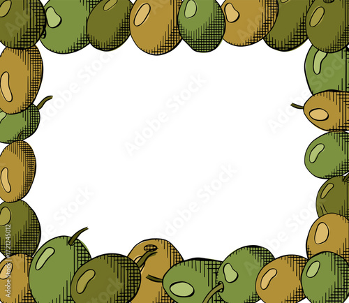 Olive berry rectangle template. Vector graphic line ink colored illustration. Mediterranean botanical design for package Banner, poster, wrapping paper, sticker, print, modern textile design.