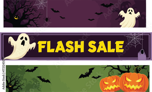 Spooky Halloween banners featuring ghosts, bats, pumpkins, and a flash sale announcement.