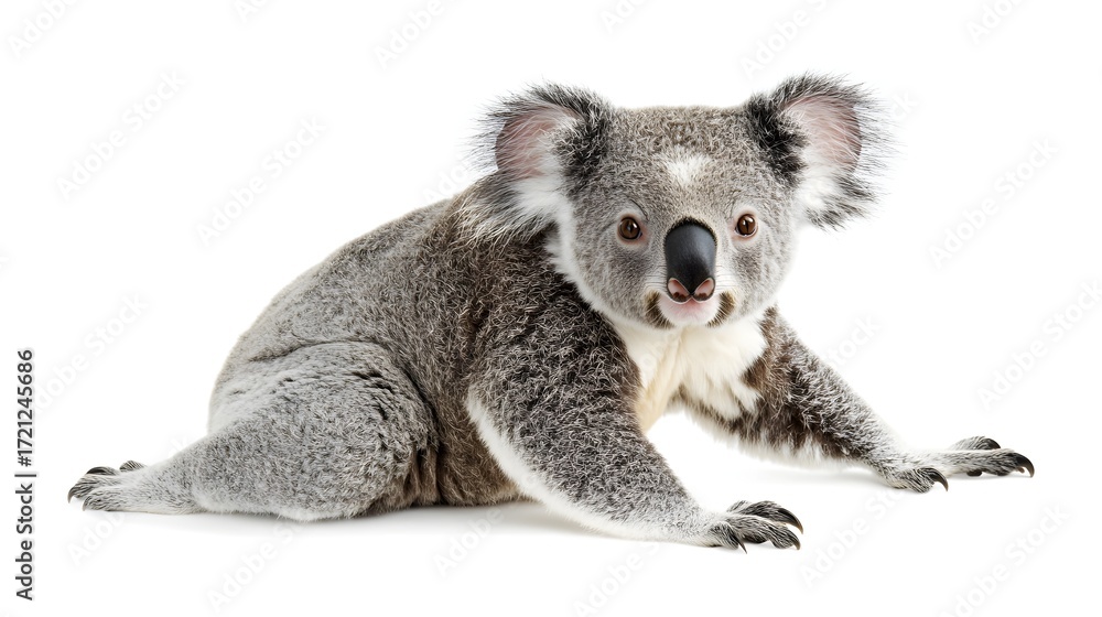 Obraz premium Photograph of a relaxed koala resting on a white background, exhibiting a calm expression.