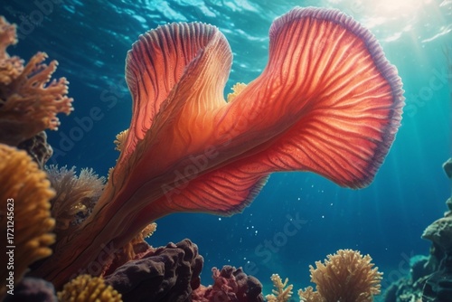 Extreme close-up of a mermaid's tail scales, shimmering with iridescent colors, water droplets clinging to the surface, hyper-realistic macro detail.
