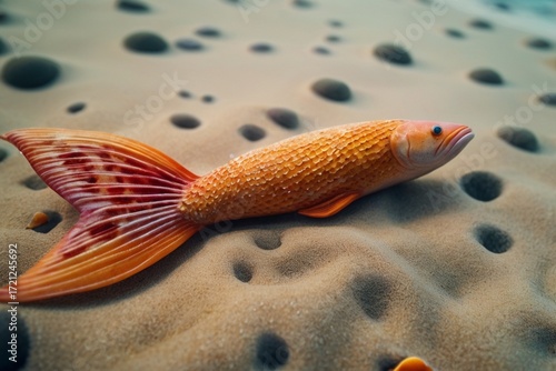 Mermaid tail partially submerged among tiny fish and floating sand particles, macro perspective showing intricate textures and colors.