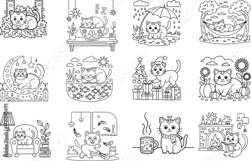 Charming cartoon cats engaged in various everyday and festive activities perfect for coloring pages and children s designs isolated on white background