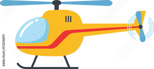 Bright yellow helicopter with red stripe and blue rotor blades detailed side view for transportation and aviation themes isolated on transparent background