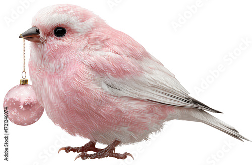 a cute pink bird holding a christmas ornament, isolated on a transparent background, in a png file with a white border and no text or images in the center