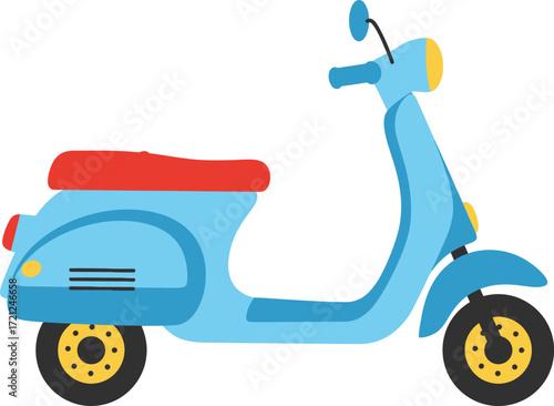 Bright blue retro scooter with red seat iconic vintage transportation motorbike vehicle classic style isolated on transparent background