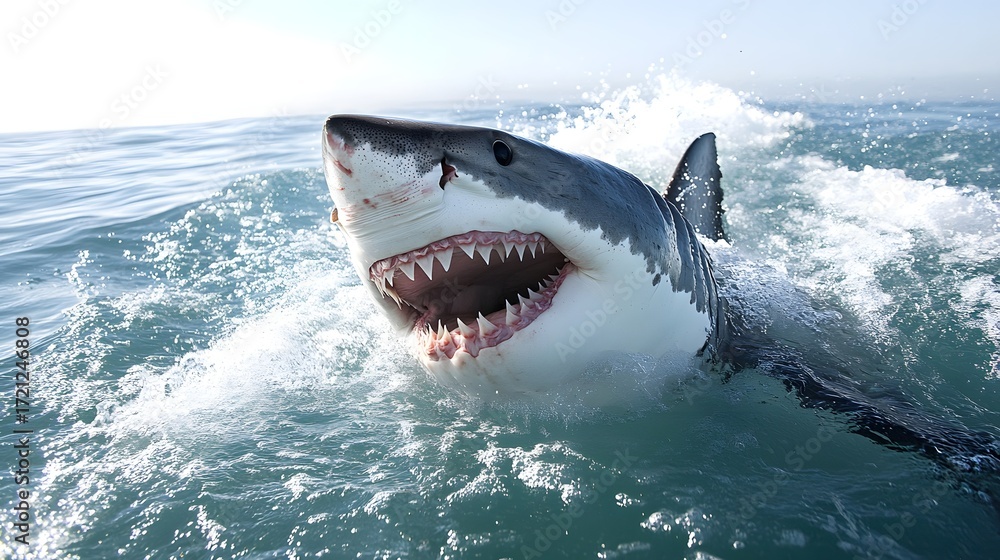Naklejka premium Photograph of a great white shark breaching the ocean surface with forceful water spray.