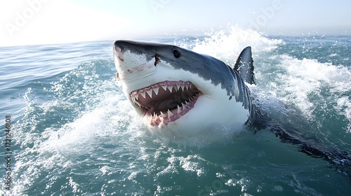 Photograph of a great white shark breaching the ocean surface with forceful water spray.
