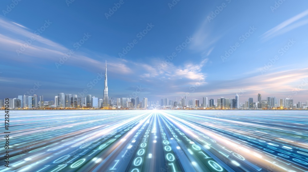 Fototapeta premium Futuristic Cityscape with Digital Binary Code Overlays Against a Clear Sky and Modern Architecture