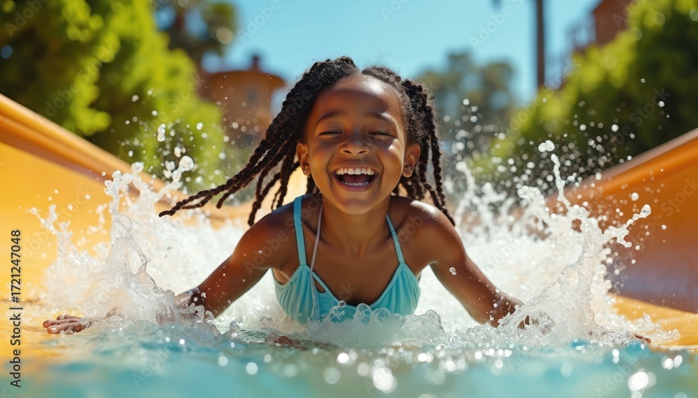Obraz premium Joyful African American girl with braided black hair speeds down yellow waterslide at waterpark. Laughs exuberantly, splashing water as enjoys carefree summer day. Water sprays around as experiences