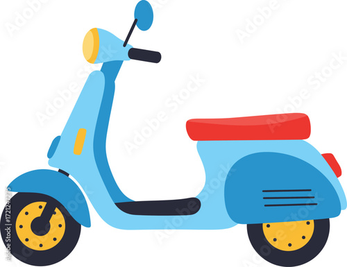 Bright blue retro scooter with red seat and yellow accents ideal for summer transport and urban mobility graphics isolated on transparent background