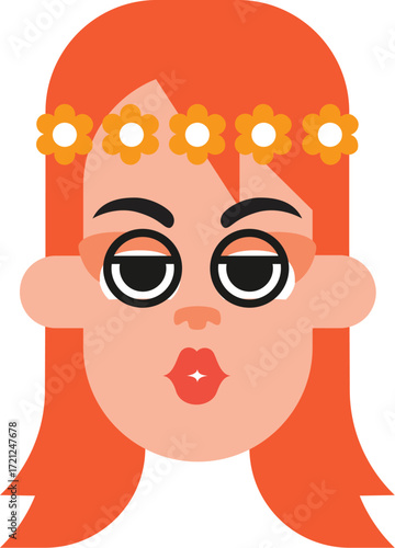 Cartoon Face of Woman with Red Hair and Flower Crown – Vector Icon