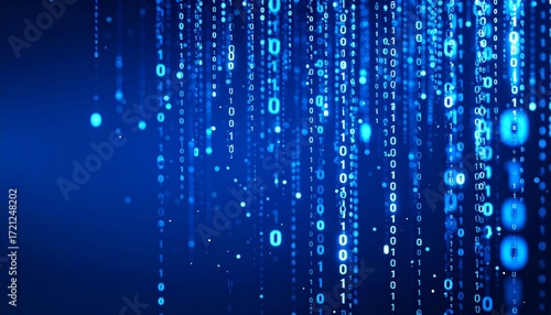 Glowing blue binary code cascading on dark background—symbolizing digital data flow.