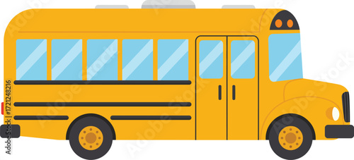 Bright yellow school bus transportation vehicle with windows and wheels ready for educational journeys driving isolated on transparent background