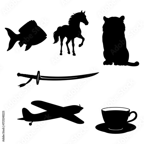 Collection of isolated black silhouette vector graphics featuring animals, transport and various objects