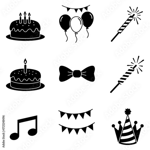 Set of flat icons representing birthday party elements cake, balloons, sparklers, bow tie, music note, bunting, and party hat