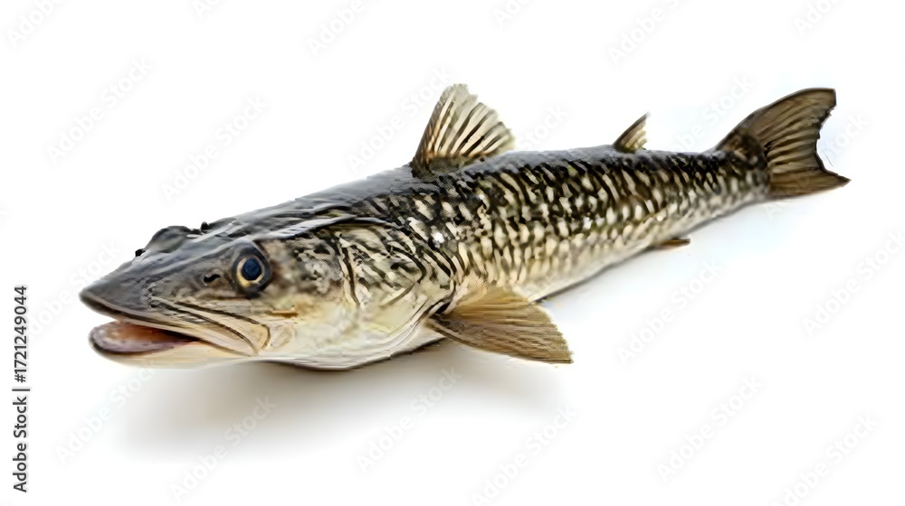 Fototapeta premium Photograph of a walleye fish isolated on a white background, displaying distinctive dark stripes.